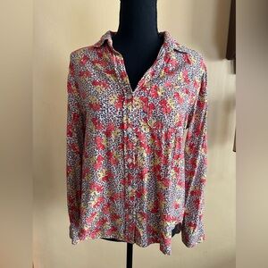 Velvet Heart Women’s Sz L Button Up Shirt Roll-Tab Sleeve Floral Cheetah Pattern
